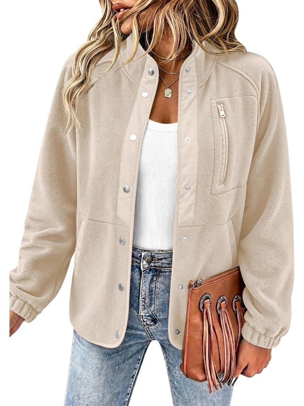 Women's Cream Fleece Jacket Western Aztec Print Snap Button Down Outerwear